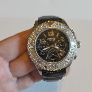 Rare Victoria's Secret Silver and Black Leather Band Crystal Watch